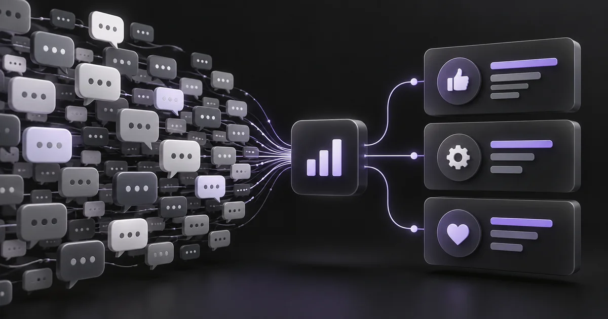 Customer messages clustered into evidence-backed insight cards