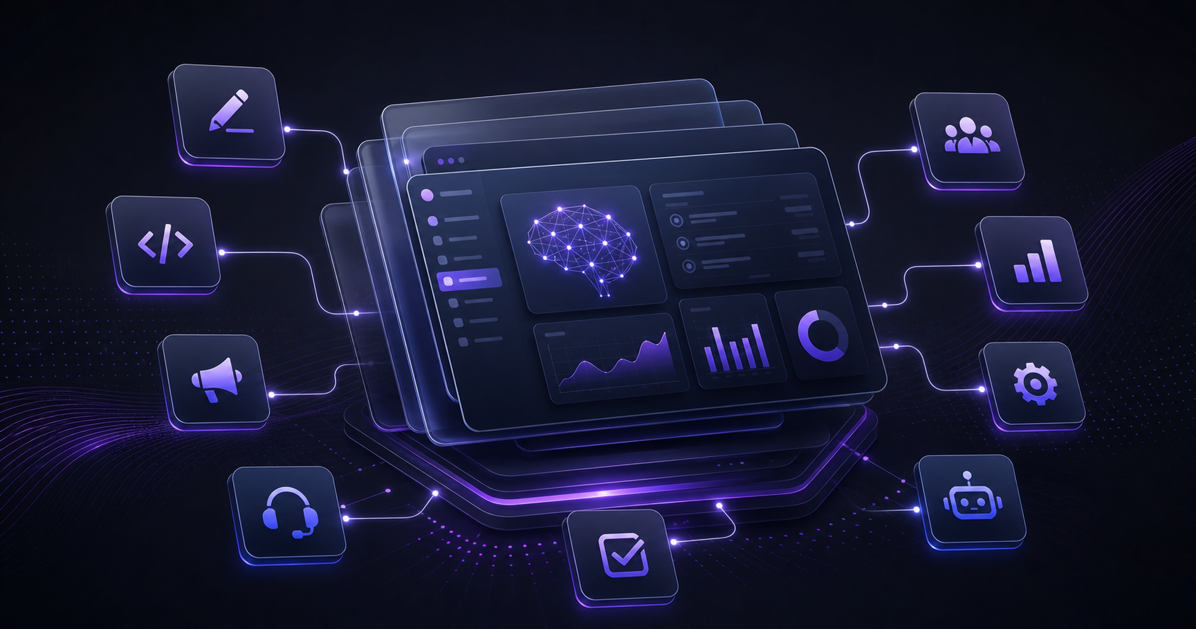 AI business software stack dashboard with connected workflow icons