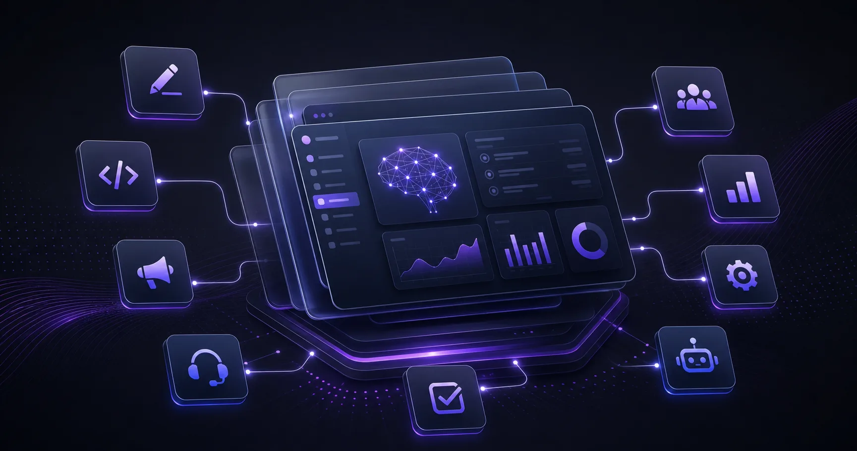 AI business software stack dashboard with connected workflow icons