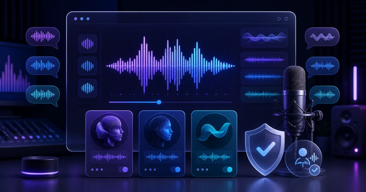 AI voice cloning evaluation dashboard with waveforms and a consent shield